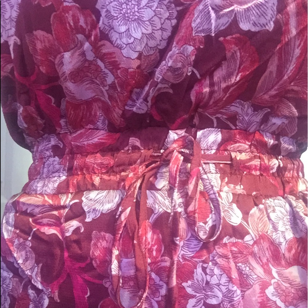 Wine Red Floral Print Lined Wide Leg Strapless Jumpsuit - Picture 7 of 8